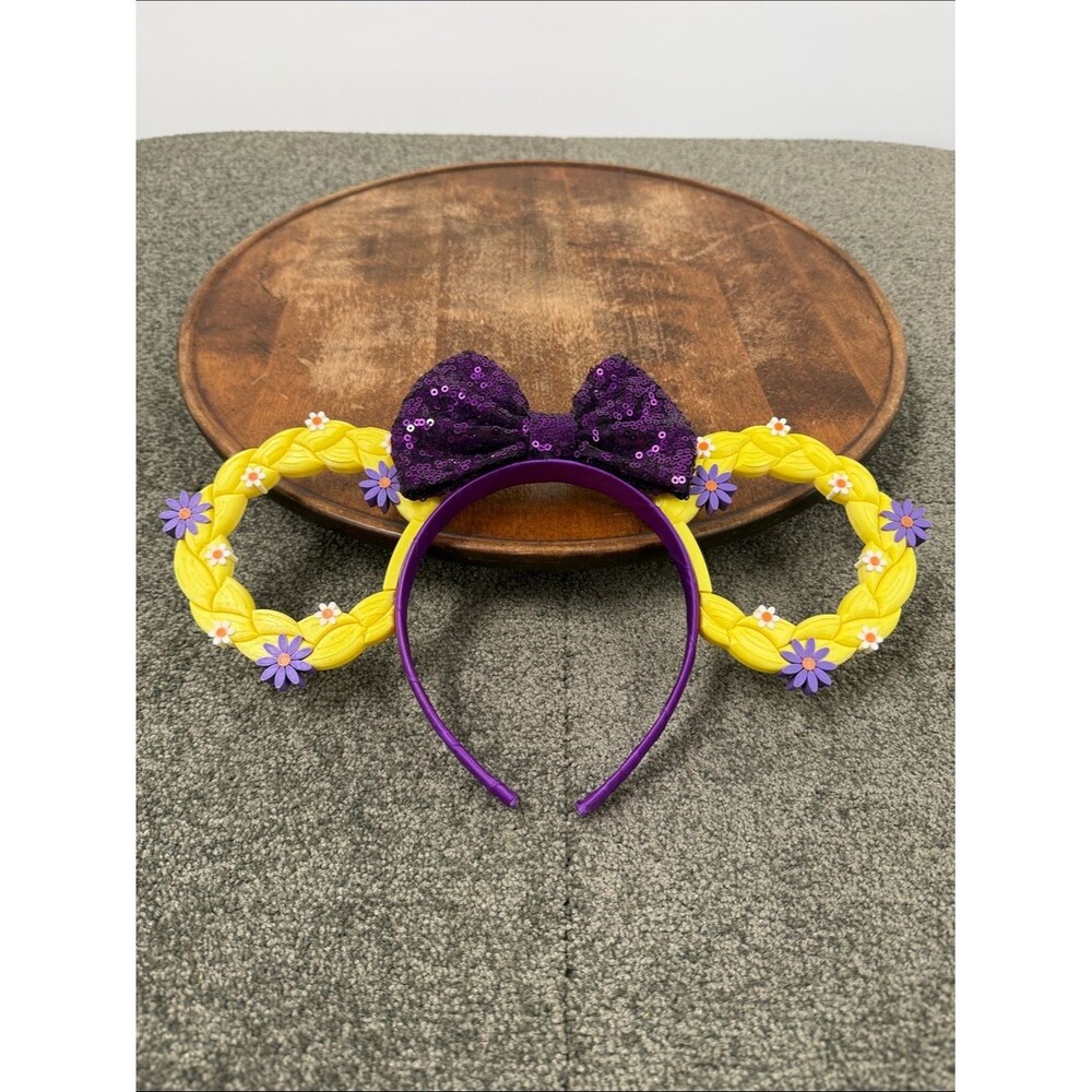 Tangled Rapunzel Purple Sequin Bow Headband Yellow Braided Floral Mouse Ears